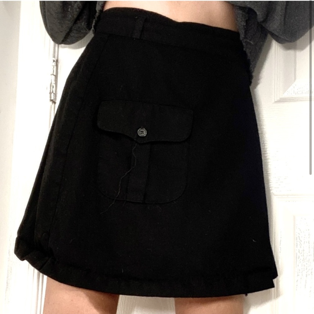 Wool Preppy Black Wrap Around High Waisted A Line Skirt